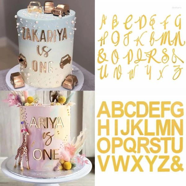 Fontes de festa 26 letras do alfabeto decoração de bolo dourado diy personalizar nome acrílico topper casamento aniversário chá de bebê sobremesa