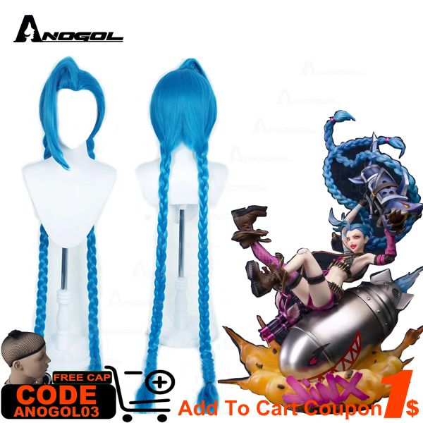 Perucas sintéticas jinx cosplay peruca jogo lol arcane 120cm 47in tranças azuis perucas cosplay lolita trançado perucas festa de fantasia de halloween