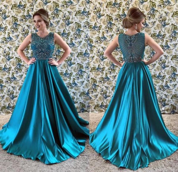 Teal Green Aline Prom Vestidos 2019 Sexy Jewel Cetim Longo Com Cristais Brilhantes Frisados ​​Corpete Ocasião vestido de noite De Wear7472630