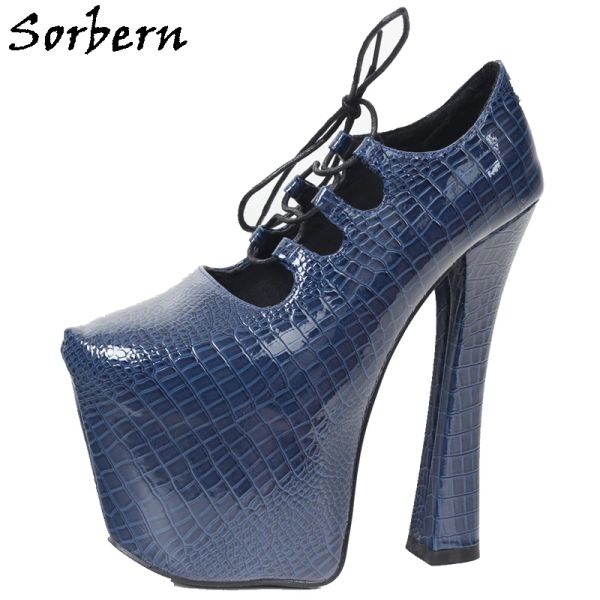 Сапоги Sorbern Navy Blue Crocodile Pump Shoes Women Женщины 20 см высотой каблук невидимая толстая платформа плюс размер обуви для фетиш