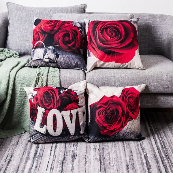 Rote Rose Leinen Kissenbezug 40*40 Wohnzimmer Sofa Kissenbezug 60*60 Home Dekoration Kissenbezug Valentinstag Geschenk 240318