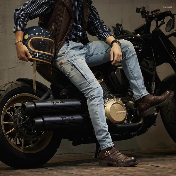 Erkekler kot retro bisikletçinin yarış sıradan düz bacak kalın kalın düşen pantolon karıştırıcı motosiklet sürme slim fit streç