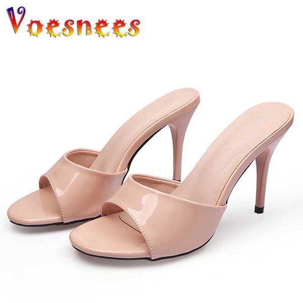 Sapatos de vestido sandálias 2022 novas mulheres nude cor chinelos mule salto alto sexy diário 9cm bege apontou toe slides festa h240325