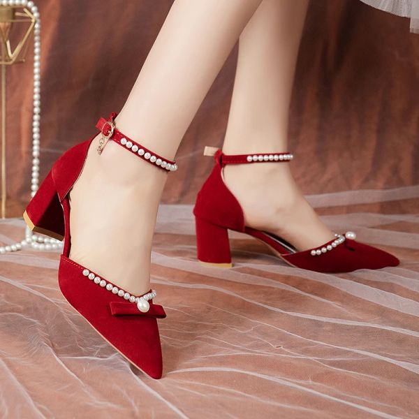 Botas Red Pearl Bow High Saltos Vestidos Sapatos para Mulheres