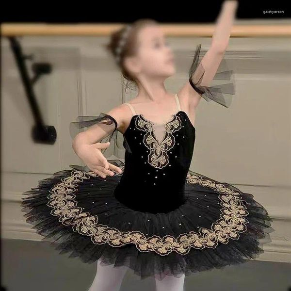 Bühnenkleidung Schwarz Kind Erwachsene Sling Dance Kostüme Mädchen Frauen Ballett Kleid Schwanensee Tutu Rock Gestickte Flauschige Gaze