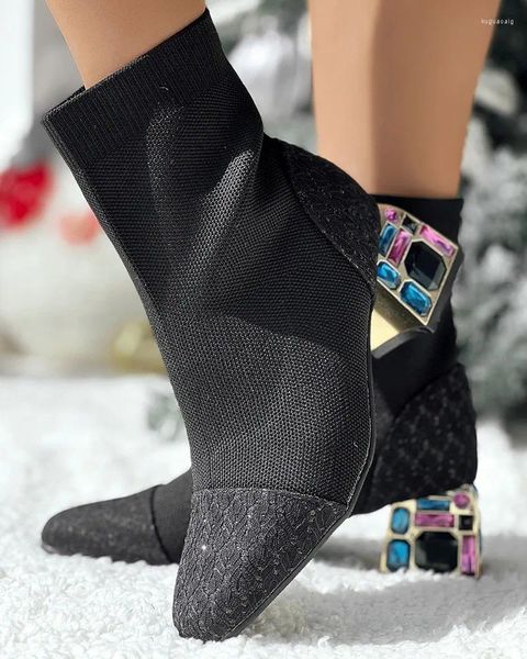 Botas Mulheres Lace Patch Strass Chunky Heel Vintage Ankle Boot Mulheres Sapatos de Salto Alto Slip-on Tricô Curto