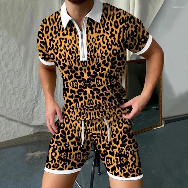 Männer Trainingsanzüge 2024 Sommer Trainingsanzug 3D Gedruckt Leopard Korn Polo ShirtShorts Set Casual Drehen Unten Kragen T-Shirt Anzug Für männliche Kleidung