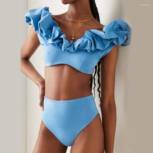 Damen-Bademode, Vintage-Badeanzug, solides Set, 2-teilig, sprudelnder Ausschnitt, hoch taillierter Bikini, blaue Rüschenfarbe, Sommer-Surfbekleidung