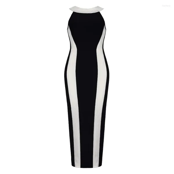 Повседневные платья 2024, женское элегантное черно-белое лоскутное платье высшего качества без рукавов, модное длинное сексуальное макси-бандажное вечернее платье
