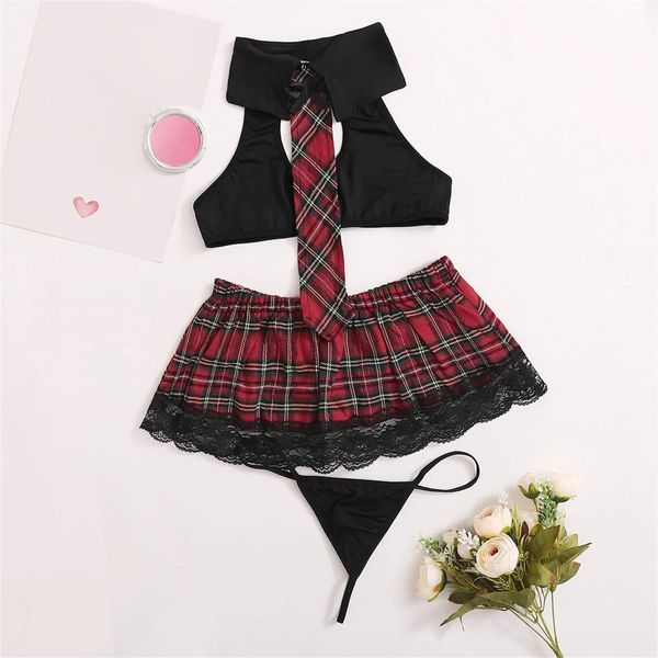 3 pçs sexy escola menina uniforme feminino lingerie erótica cosplay traje da estudante sutiã de renda conjunto mini saia roupas sexuais para meninas 240311