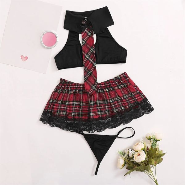 3 Stücke Sexy Schulmädchen Uniform Frauen Erotische Dessous Cosplay Schulmädchen Kostüm Spitzen-bh Set Minirock Sex Kleidung Für Mädchen 240311