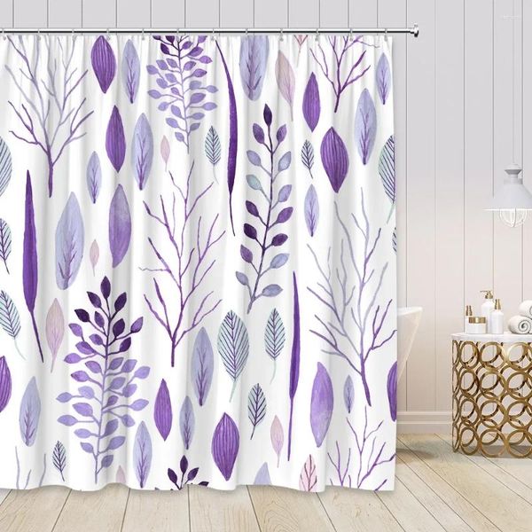 Cortinas de chuveiro flor roxa grama cortina aquarela folhas pintadas à mão arte minimalista decoração moderna nórdico tecido banheiro ganchos