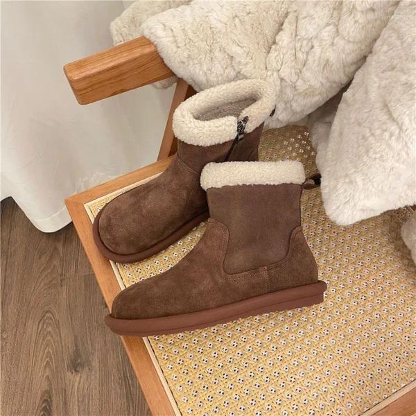 Scarpe casual Stivaletti con cerniera laterale da donna Caldi corti in peluche piatti da neve Moda in vera pelle Cotone