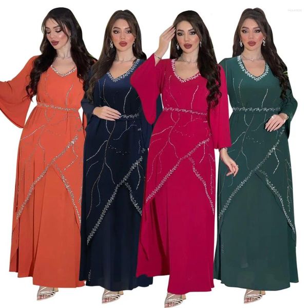 Abbigliamento etnico Medio Oriente Abito musulmano Abito da sera in chiffon con diamanti con cintura Elegante maniche lunghe Lusso Dubai Abiti da festa arabi Ramadan