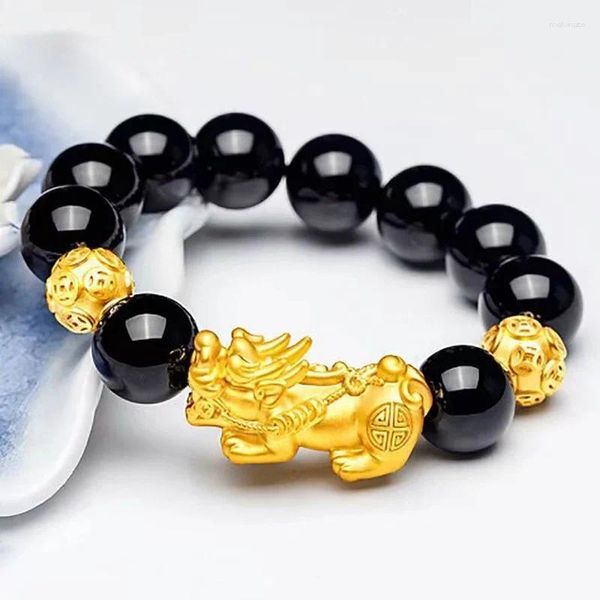 Strand feng shui obsidiana pedra contas pulseira masculino feminino pulseira cor de ouro preto pixiu riqueza sorte mudando pulseiras de pulso saúde