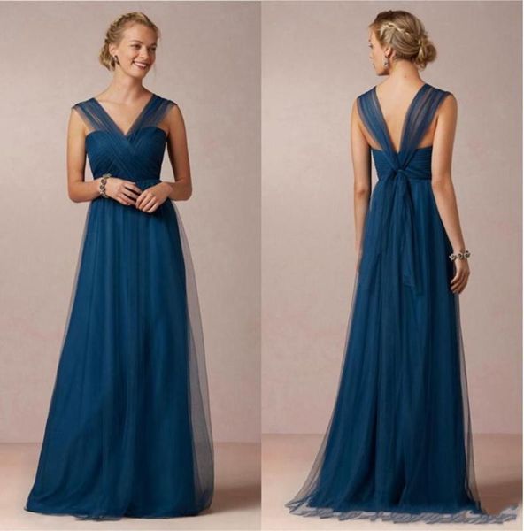 Abito da damigella d'onore lungo con scollo a V blu lapis Abiti in tulle morbido per ragazza da damigella d'onore Abito convertibile Lunghezza pavimento Formale Bridesmai1235454