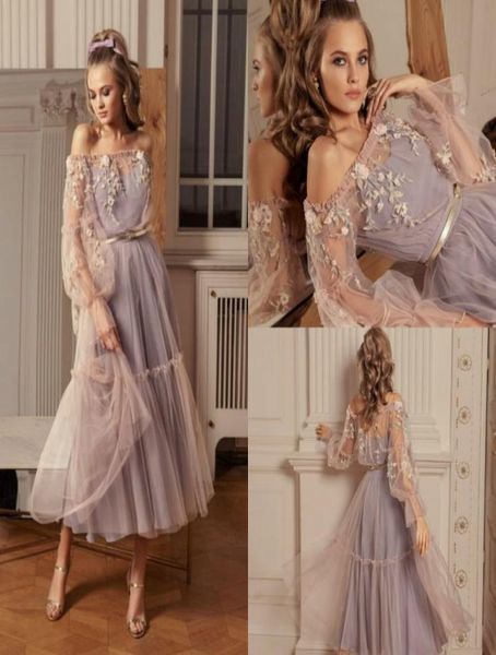 2020 Papilio Abiti da cocktail Tulle Appliqued Lunghezza tè Bateau Neck Manica lunga Abito da ballo Abito da sera elegante su misura6769981