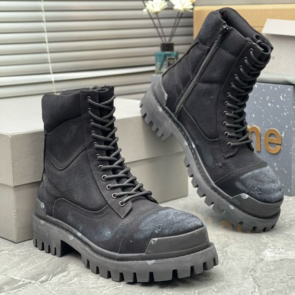 Tasarımcı Erkek Savaş Strike Boots Yeşil Siyah Paris Kovboy Pamuk Tuval Vintage Lüks Platform Moda Yüksek Şövalye Botları Sonbahar Kış Styles POTES