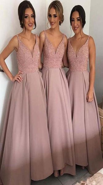 2017 Dusty Pink Vneck Blingbling Vestidos de dama de honra Estilo Árabe Barato Aline Modest Frisado Cristais Backless Clássico Prom Part8928526