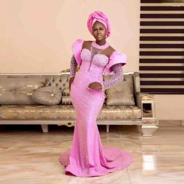 Abiti da festa Arabia Saudita Rosa Sirena Prom Pizzo Maniche lunghe trasparenti Aso Ebi Abiti da sera africani Abito da cerimonia formale per donna Robe De