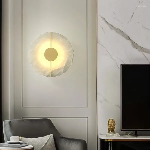 Lampada da parete di lusso in rame circolare in marmo LED applique soggiorno divano TV sfondo camera da letto comodino decorazione del corridoio
