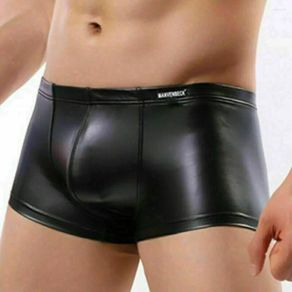 Cuecas de couro boxer shorts homens roupa interior sexy noite clubwear mens bugle bolsa boxershort látex calcinha cuecas masculina underpant a50