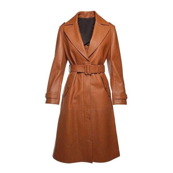 Trench coat in vera pelle marrone personalizzato di alta qualità per donna lungo spolverino casual soprabito da strada