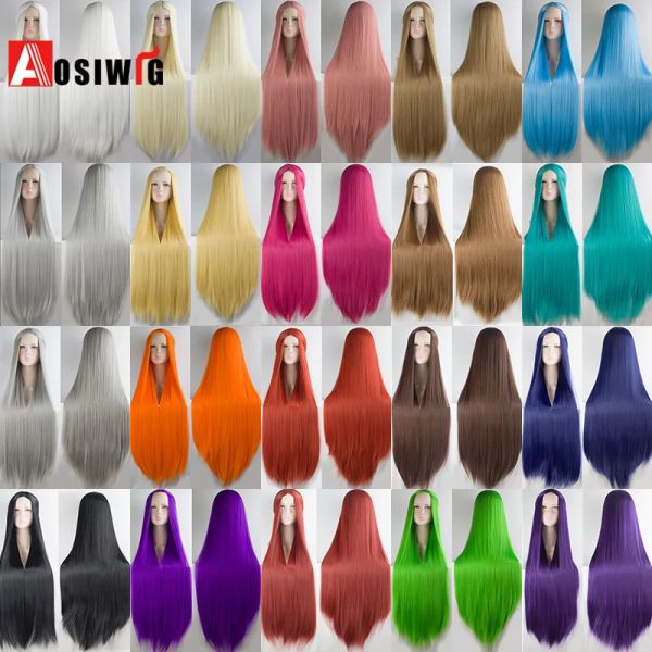 Perucas aosi 100cm longa reta peruca parte média preto rosa resistente ao calor sintético traje cosplay perucas de festa para mulheres cabelo natural