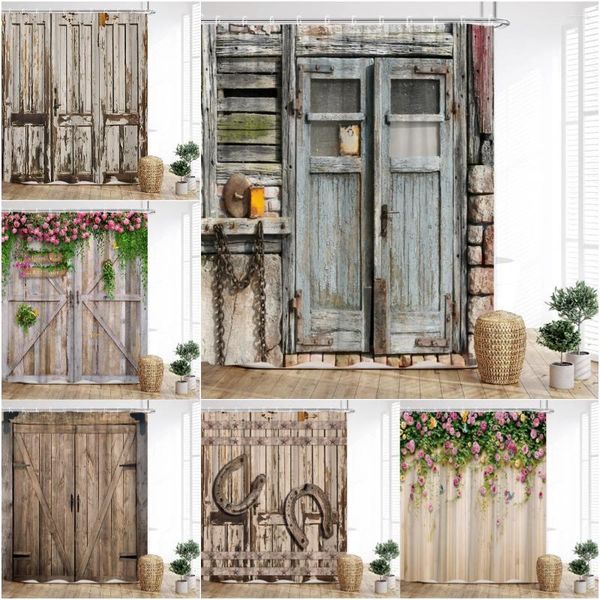 Cortinas de chuveiro vintage porta de madeira cortina fazenda celeiro floral primavera tijolo parede verde folha ferradura decoração rústica do banheiro com ganchos