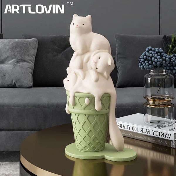 ARTLOVIN Eiscreme-Katze-Skulptur, Kunstharzfiguren für Bücherregal, Regal, moderne Heimdekoration, kreative Tierfiguren, Geschenk 240311