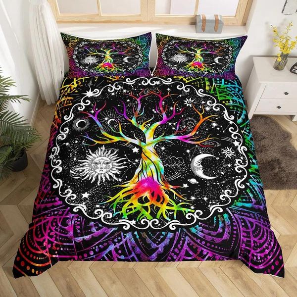 Bettwäsche-Sets Sonne und Mond Bettbezug Schwarz Weiß Weicher Baum des Lebens Alle Galaxy Sterne Mandala Tribal Quilt Dekor für Frauen