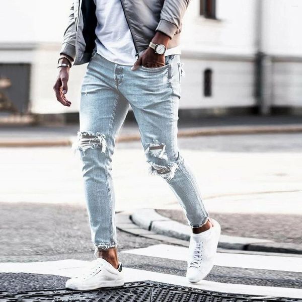 Jeans masculinos luz azul magro homens streetwear destruído rasgado homme hip hop masculino lápis motociclista oco out jean calças