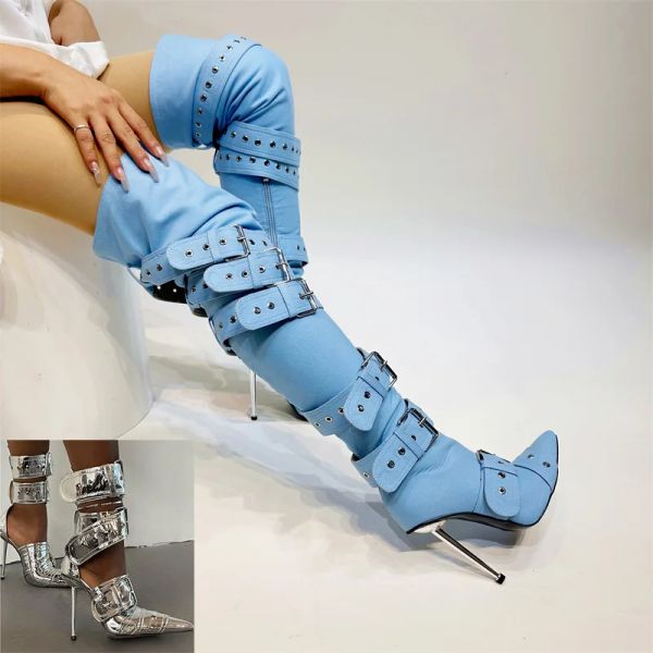 Bot yeni kadın denim metal perçin sandalet kadın seksi punk tarzı sivri içi boş metal 11 cm yüksekte diz yüksek botlar boyutu43