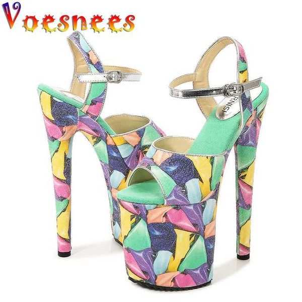 Sapatos de vestido Europeu e americano 20cm de salto alto mulheres stiletto modelo passarela impressão sandálias sexy nightclub lantejoulas saltos de pano bombas h240325