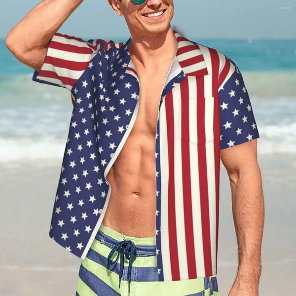 Erkekler Sıradan Gömlekler Amerikan Bayrağı Vatansever Hawaii Gömlek Erkek Plaj İki Ton Yıldızları Moda Grafik Vintage Büyük Boy Bluzlar