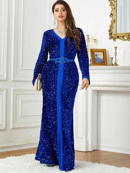 Abbigliamento etnico Ramadan Abaya Caftano per le donne Paillettes in velluto Abiti da sera arabi Abiti Dubai musulmani Abito lungo marocchino Eid Party