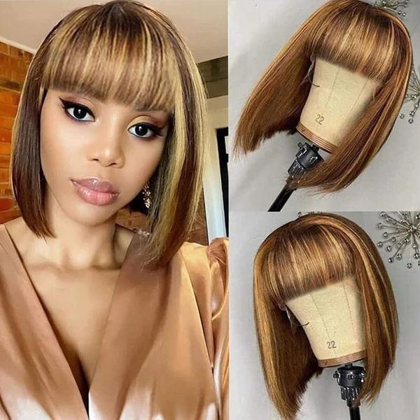 Ombre destaque loira completa máquina feita peruca com franja 180% densidade curto bob em linha reta não laço peruca dianteira remy cabelo brasileiro