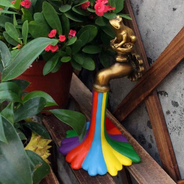 Decorazioni da giardino Rana in resina Arcobaleno Rubinetto dell'acqua Ornamento Statua realistica dipinta a mano Divertente davanzale