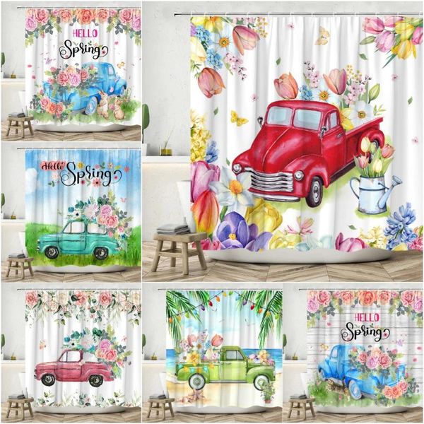 Cortinas de chuveiro fazenda cortina aquarela flor caminhão primavera folha botânica borboleta rústico wildflower poliéster decoração do banheiro