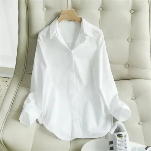 Женские блузки, весенне-летняя белая рубашка, базовая корейская версия, свободный повседневный офисный топ, профессиональный однотонный топ