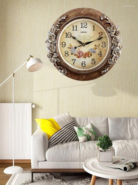 Wanduhren, 18 Zoll, europäischer Stil, Uhr, Wohnzimmer, Retro, leise, TV-Hintergrund, runde Uhren, Ornament, Heimdekoration