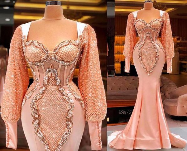 Plus Size Árabe Aso Ebi Luxuoso Sereia Sexy Vestidos de Baile Pêssego Rosa Renda Frisada Mangas Compridas Noite Festa Formal Segunda Recep4463911