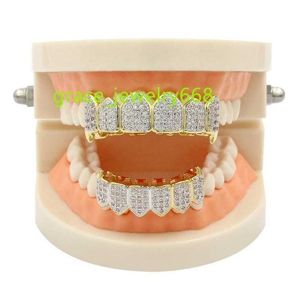 Ice Out Fangs Teeth Grillz Schmuck Micro Pave CZ Dental Grillz Top Bottom Set Kubikzircon Zähne Grills Frauen Männer Rapper Schmuck