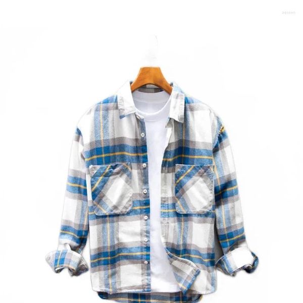 Herren-Freizeithemden, japanisches Plaid-Langarmhemd für den Herbst, Vintage-Kontrastfarbe, Jugend-Revers, locker sitzende reine Baumwolle