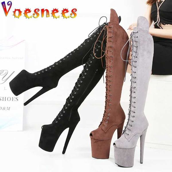 Kleidschuhe 20 cm Wildleder-Plattformen Overknee-Stiefel Mode Ultra-High Heels Modelle Walking Show Lace Up Sexy Pole Dance Frauen Pumps H240325