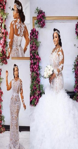 Vestidos de casamento de sereia árabe plus size com trem destacável mangas compridas laceup espartilho frisado vestidos de noiva africanos trem de varredura1118025