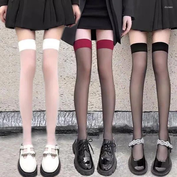 Meias femininas sexy meias coxa alta borda vermelha transparente preto meias de seda aparecem perna ultra-fina para o sexo feminino