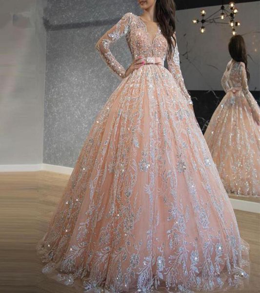 Блестящее розовое кружевное бальное платье с блестками, платья для выпускного вечера с жемчужным вырезом и длинными рукавами, платье Sweet 16, длинное платье Quinceanera, robe de soiree6486169