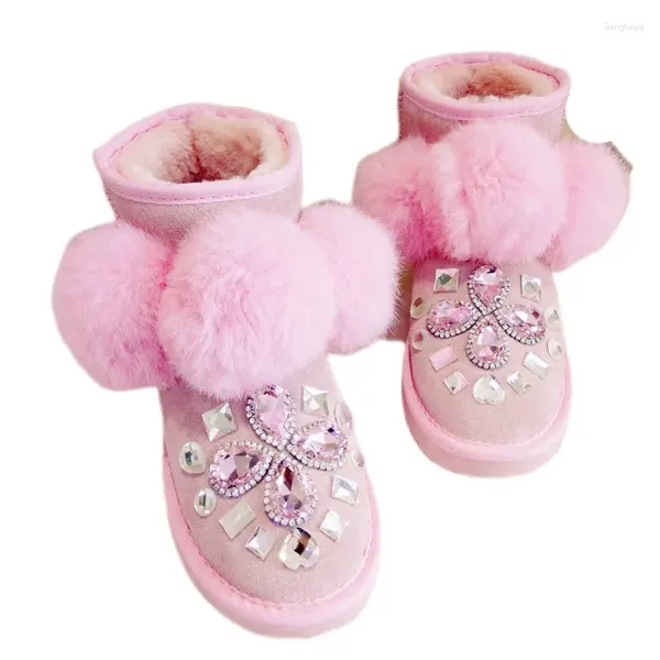 Stivali carino pelle scamosciata di mucca rosa soffice palla caviglia da neve donna inverno 2024 scarpe da donna cristalli con strass peluche caldo piatto