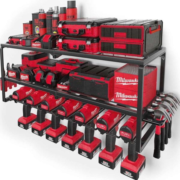 Amoowis Power Organizer, Organizzazione Garage con 7 Supporti per Trapano, Organizzatori per Cassette degli Attrezzi e Supporto a Parete, Scaffale in Metallo Resistente, Rastrelliera per